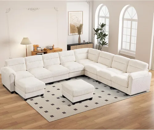 Vista 39 de HAOMARKETS Sofá esquinero modular en forma de L de 115 pulgadas con 2 otomanas móviles, sofás de pana de 8 plazas con cojín grueso para sala de Beige