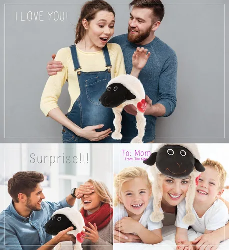 Vista 4 de DolliBu I LOVE YOU - Sombrero de peluche de oveja negra con nariz Lindo sombrero de peluche de oveja con corazón rojo y con nombre personalizado