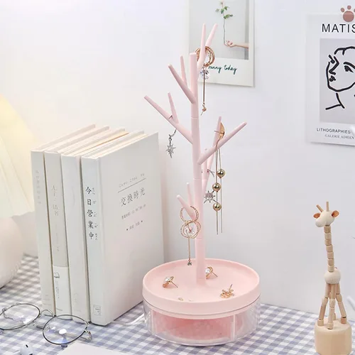 Vista 4 de MZYOUHUO Soporte para árbol de joyería, organizador de joyas 3 en 1, soporte para collar con bandeja acrílica para aretes, collares, pulseras