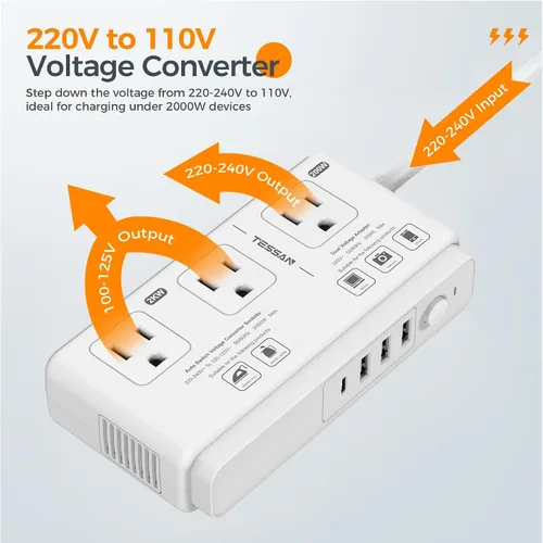 Vista 7 de TESSAN Convertidor de voltaje de 220V a 110V para viajes con 4 puertos USB (1 USB C), 3 tomas de corriente AC y adaptador de corriente internacional