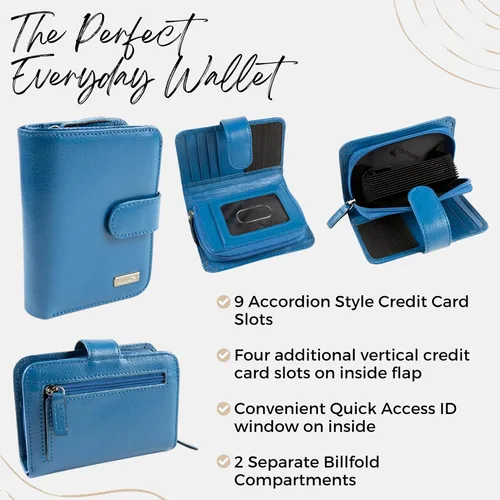 Vista 3 de WalletBe Cartera RFID de acordeón de cuero para mujer con monedero, Azul, contemporáneo