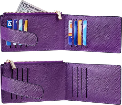 Vista 4 de Chelmon Billetera delgada con bloqueo RFID para mujer con bolsillo con cremallera púrpura profundo Minimalista
