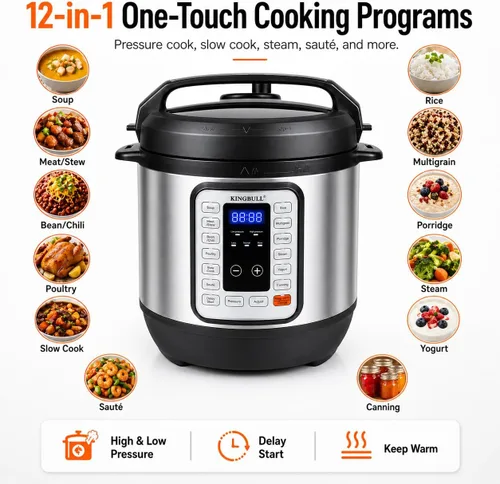 Vista 2 de KINGBULL Olla a presión eléctrica 6QT - Cocina múltiple 12 en 1, programas de un solo toque para arroz, sopa, carne, vapor, yogur, cocción lenta