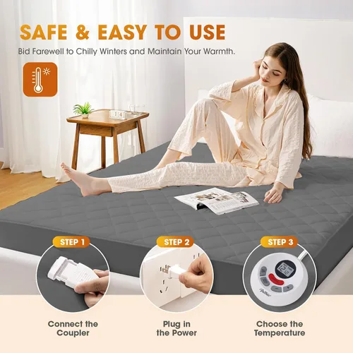 Vista 7 de Protector de colchón térmico tamaño individual, protector de colchón eléctrico con funciones de precalentamiento, calentador de cama con controlador