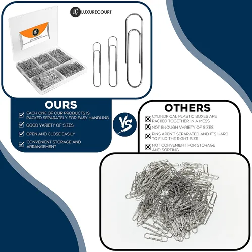 Vista 6 de Luxurecourt - Paquete de 500 clips para papel, 3 tamaños surtidos, color plateado, pequeño y grande Bulk pack, Rust Resistant, Nickel Plated Steel