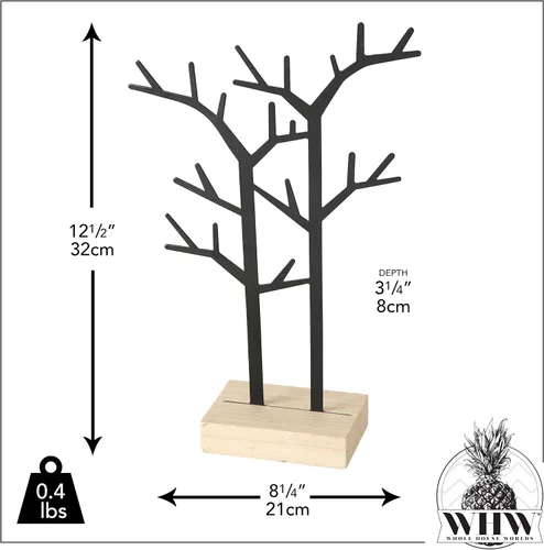 Vista 3 de WHW Whole House Worlds Organizador de joyas del árbol de la vida, ramas de metal negro, base de galería de madera, parte superior del aparador