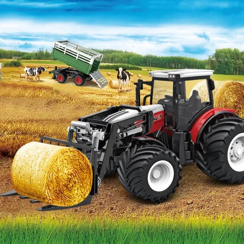 Vista 3 de fisca Juego de tractor de juguete a control remoto con carretilla elevadora delantera de remolque, escala 1/24, 2.4Ghz, camión de granja