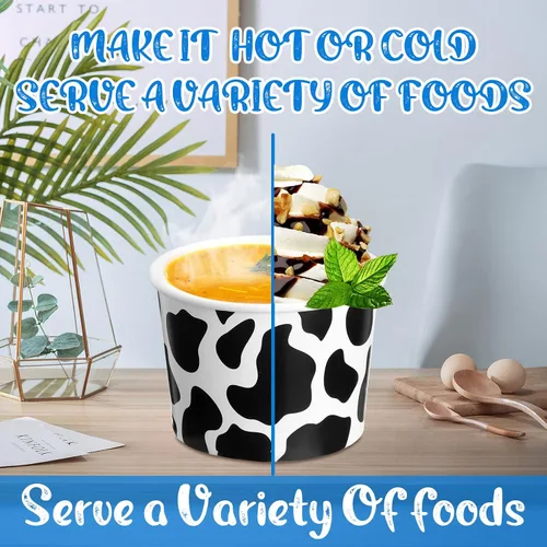 Vista 5 de 50 tazas de helado con estampado de vaca de 9 onzas, cuencos desechables de papel a granel, taza de sopa con temática de vaca, contenedor