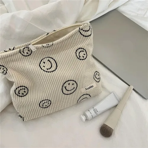 Vista 2 de Bolsas de cosméticos para mujer, bolsa de cosméticos de pana, bolsos estéticos para mujer, bolsos de mano con puntos sonrientes, organizador