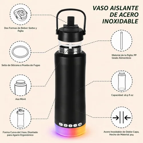 Vista 3 de Stainless Steel Water Bottle with Camping Lantern & Night Light