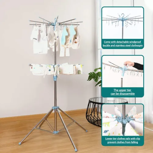 Vista 3 de Hershii Estante de secado de ropa plegable de 2 niveles para interiores y exteriores, soporte plegable para colgar ropa, ahorro de espacio