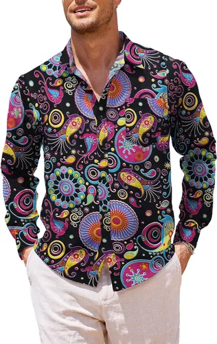 Vista 2 de COOFANDY Camisa de lino de algodón para hombre con estampado floral y botones