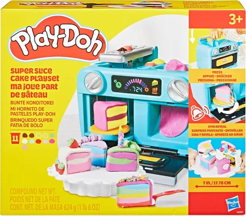 Vista 12 de Play-Doh Super Slice Cake Playset, horno de juguete con accesorios de cocina y 11 latas compuestas de modelado, artes y manualidades para niños, a