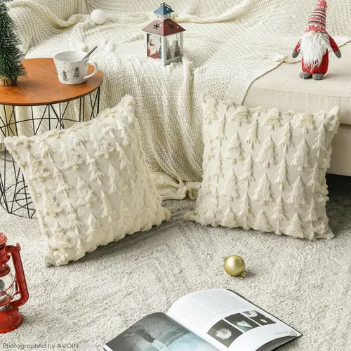 Vista 3 de AVOIN colorlife - Juego de 2 fundas de cojín de árbol de Navidad color beige, de 16 x 16 pulgadas, de felpa suave y pelo sintético, para sofá