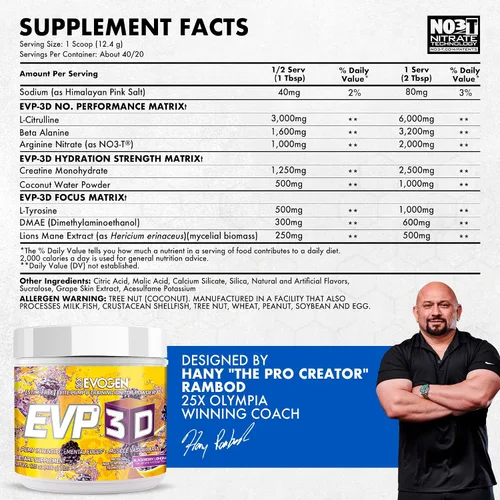 Vista 2 de Evogen EVP-3D Stim-Free Pre-Workout BlackBerry Lemonade 40 porciones