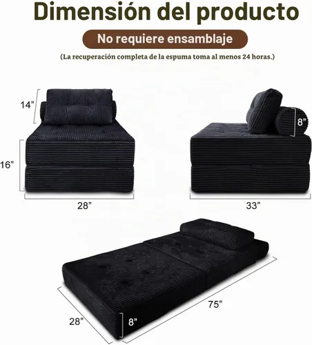 Vista 2 de Nigoone Sofá Cama Futón, Silla Plegable Versátil para Dormir con Almohada, Espuma Viscoelástica de Soporte, Tela de Pana Suave, Sofá de Piso Negro