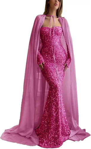 Vista 6 de Vestidos de fiesta de sirena con hombros descubiertos brillantes 2023 con capa de manga larga con lentejuelas y escote corazón, vestido formal