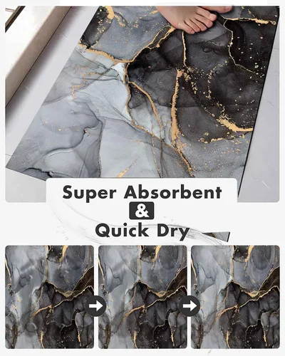 Vista 3 de EMMTEEY Juego de alfombras de baño de 3 piezas, alfombra de baño de mármol negro, gris y dorado, antideslizante, absorbente, para debajo