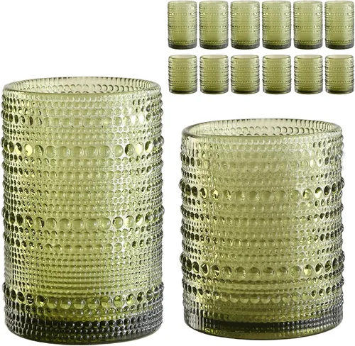 Vista 11 de ZMOWIPDL Juego de Cristalería Vintage de 12 Vasos para Beber, Azul 12oz y 15oz Vasos de Vidrio Hobnail, Vaso de Agua en Relieve, para Cerveza