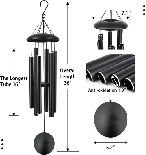Vista 2 de ASTARIN Campanillas de viento conmemorativas para exteriores, 36 pulgadas con 6 tubos pesados, tono profundo para decoración colgante de jardín
