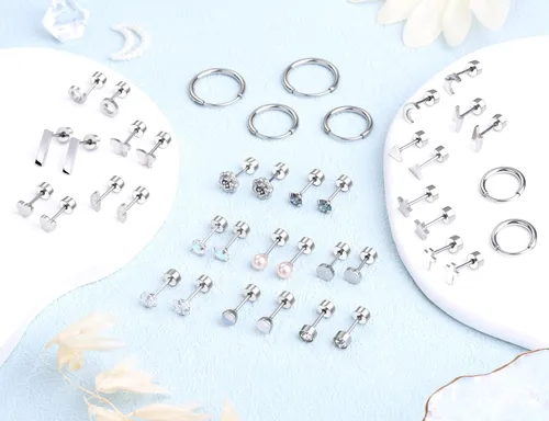 Vista 3 de Aretes de acero inoxidable quirúrgico hipoalergénico con parte trasera plana para mujeres y hombres, aretes de circonita cúbica para cartílago