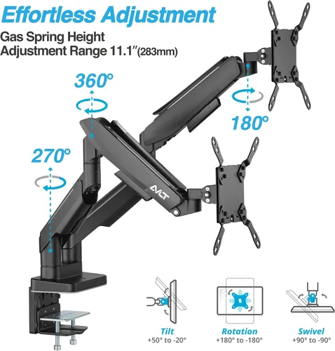 Vista 5 de AVLT RGB Lights Dual 17"-43" Gaming Monitor Arm Soporte de escritorio, se adapta a dos pantallas planas/curvas/ultraanchas de hasta 44 libras