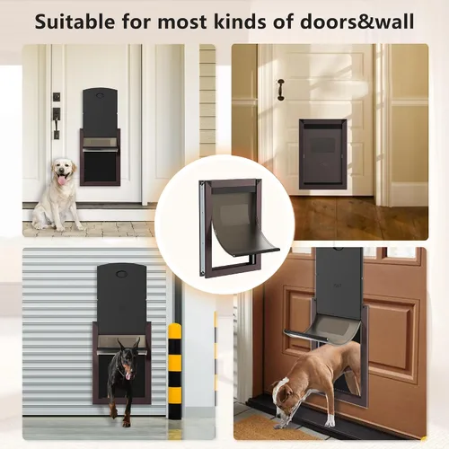 Vista 5 de Puerta de aluminio para perros pequeños para puerta, puerta para perros con 1 solapa manética, 2 paneles de bloqueo deslizantes, puerta