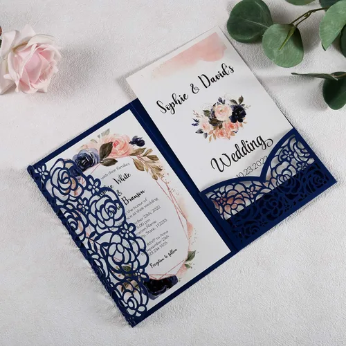 Vista 4 de Juego de 50 invitaciones de boda en blanco azul marino de 4.7 x 7 pulgadas, cortadas con láser, tarjetas de invitación de boda con sobres para boda