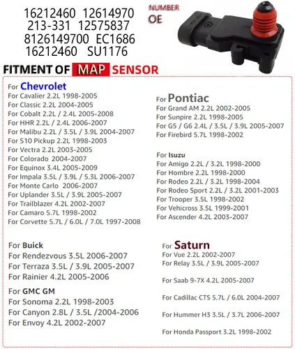 Vista 2 de Sensor de mapa de presión de aire absoluta del colector 213-331 16212460 12614970 compatible con Cavalier Impala Colorado Camaro Rainier Sonoma