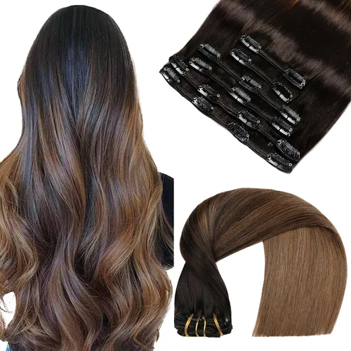 Vista 41 de VINBAO Extensiones de cabello humano con clip, balayage, color marrón ceniza a rubio caramelo, 14 pulgadas, 6 unidades, 3.53 onzas, 6