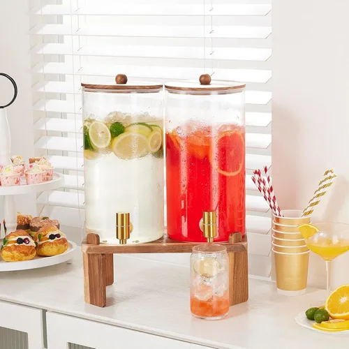 Vista 6 de 2 piezas dispensadores de bebidas de 1.5 galones, dispensador de bebidas de vidrio con soporte de madera, dispensadores grandes de agua y bebidas