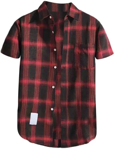 Vista 12 de Camisas de manga corta con botones para hombre, de algodón, a cuadros, ajuste regular, camisas casuales con botones y bolsillo
