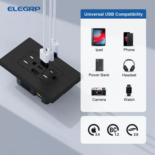 Vista 4 de ELEGRP Tomacorrientes de pared USB, Receptáculos de tomacorrientes de pared USB C de 3 puertos, tomacorrientes negro mate de 15 amperios con 3