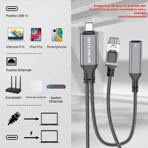 Vista 2 de Cable USB C a Ethernet y 60 W de carga de 6.6 pies, USBC PD y Gigabit LAN 2