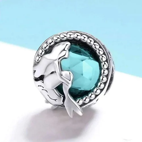 Vista 5 de Abalorio de cola de sirena azul y concha de plata de ley 925 con dije de océano para pulsera y collar