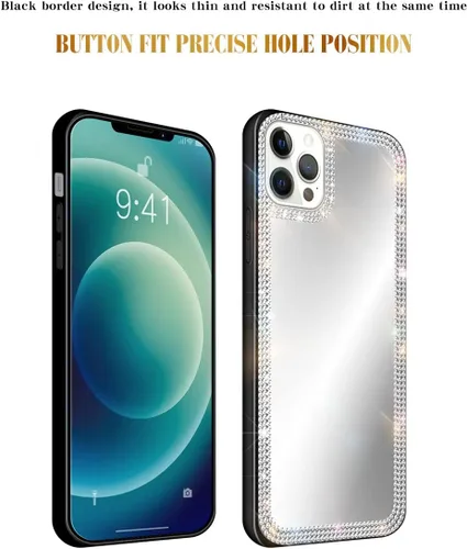 Vista 4 de Funda con espejo para iPhone 13 Pro Max para mujer con diamantes de imitación brillantes, espejo adhesivo para funda de teléfono, cubierta de espejo