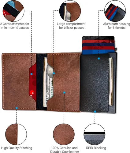 Vista 2 de STM Leaders Tarjetero delgado billetera con bloqueo RFID, cartera de cuero automática desplegable triple cartera de aluminio cartera de visita