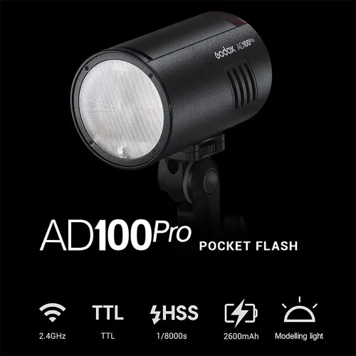 Vista 2 de Godox AD100 Pro Godox 100Ws Pocket Flash Strobe - Sistema inalámbrico X 2.4G, iones de litio de 2600 mAh (360 flashes), 1/8000s HSS, reciclaje