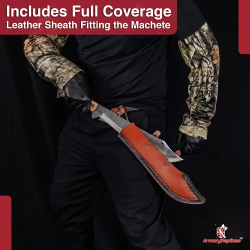 Vista 6 de Armory Replicas™ Into the Wild Full Tang High Carbon Steel Machete with Sheesham Handle & Leather Sheath