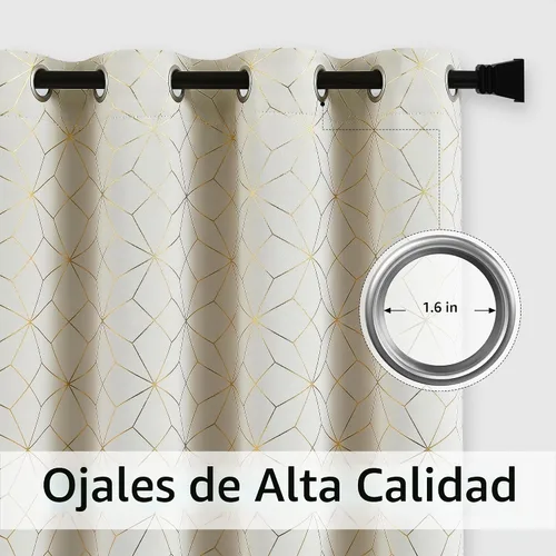 Vista 9 de Beauoop - Cortinas opacas 100% de 54 pulgadas de largo para dormitorio y sala de estar, con patrón marroquí dorado, paneles de tratamiento