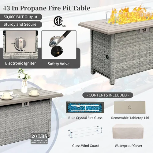Vista 4 de WAROOM Fogata de propano para exteriores, mesa de fogata de patio de mimbre PE de 43 pulgadas con protector contra el viento de vidrio, vidrio