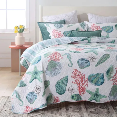 Vista 3 de ABREEZE Juego de ropa de cama con temática de playa costera, tamaño Queen, colcha reversible de algodón con diseño de conchas y conchas de mar