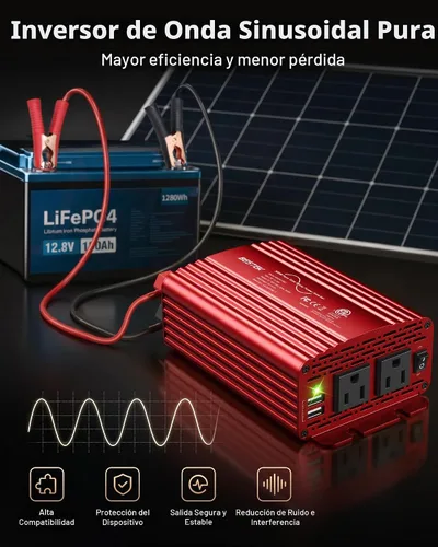 Vista 2 de BESTEK Inversor de Corriente de Onda Sinusoidal Pura de 300 Vatios - Adaptador Inversor de Enchufe de Automóvil de CC 12V a CA 110V, Convertidor
