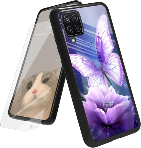 Vista 94 de Funda para Samsung Galaxy A12 5G con protector de pantalla, parte trasera de vidrio templado + TPU de silicona suave que absorbe los golpes