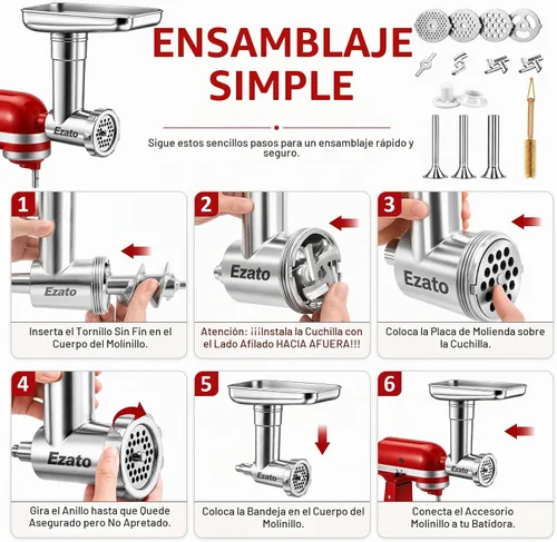 Vista 3 de Accesorios para picadora de carne de acero inoxidable EZATO para KitchenAid, embutidora de salchichas, compatible con todos los modelos de batidora