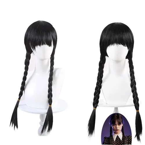 Vista 2 de Peluca larga negra trenzada para Wednesday Addams, Wednesday Addams, disfraz de Addams, trenzas de pelo para niños, niñas, Halloween, fiesta