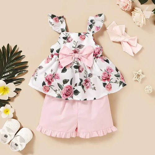 Vista 6 de Conjunto de ropa de bebé para niña pequeña con volantes de manga larga pantalones florales con diadema para otoño e invierno
