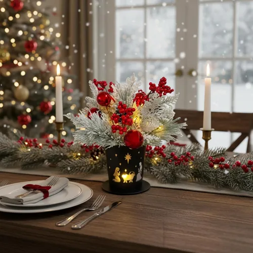 Vista 5 de Centro de Mesa Navideño Iluminado en Maceta de Metal con Temporizador, Escena del Nacimiento Navideño en Base de Metal Negro con Ornamento de Piñas
