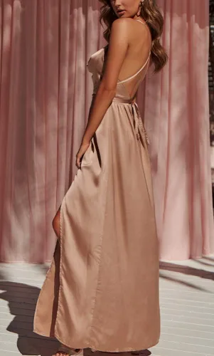 Vista 4 de vestido largo de fiesta para mujer, vestido de cóctel sexy, satinado, con cuello en V profundo, espalda descubierta y abertura (30 colores, S-XXL)
