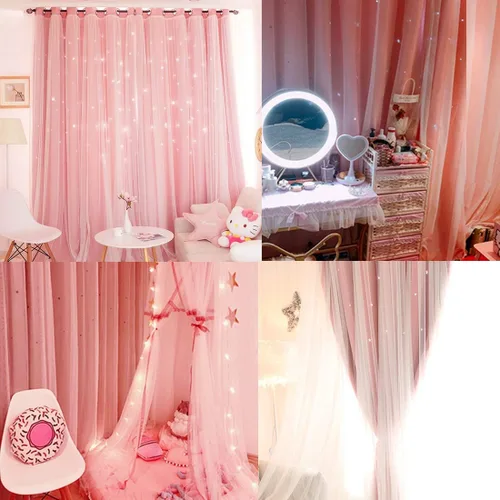 Vista 6 de UNISTAR - 2 paneles de cortinas opacas y transparentes con estrellas para dormitorio de niñas, niños, habitación de bebé, cortinas de doble capa
